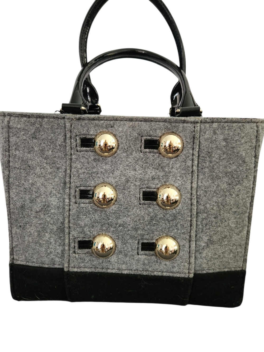 Kate Spade Gray Wool Felt Tote Gold Button Satchel Polka Dot Lining